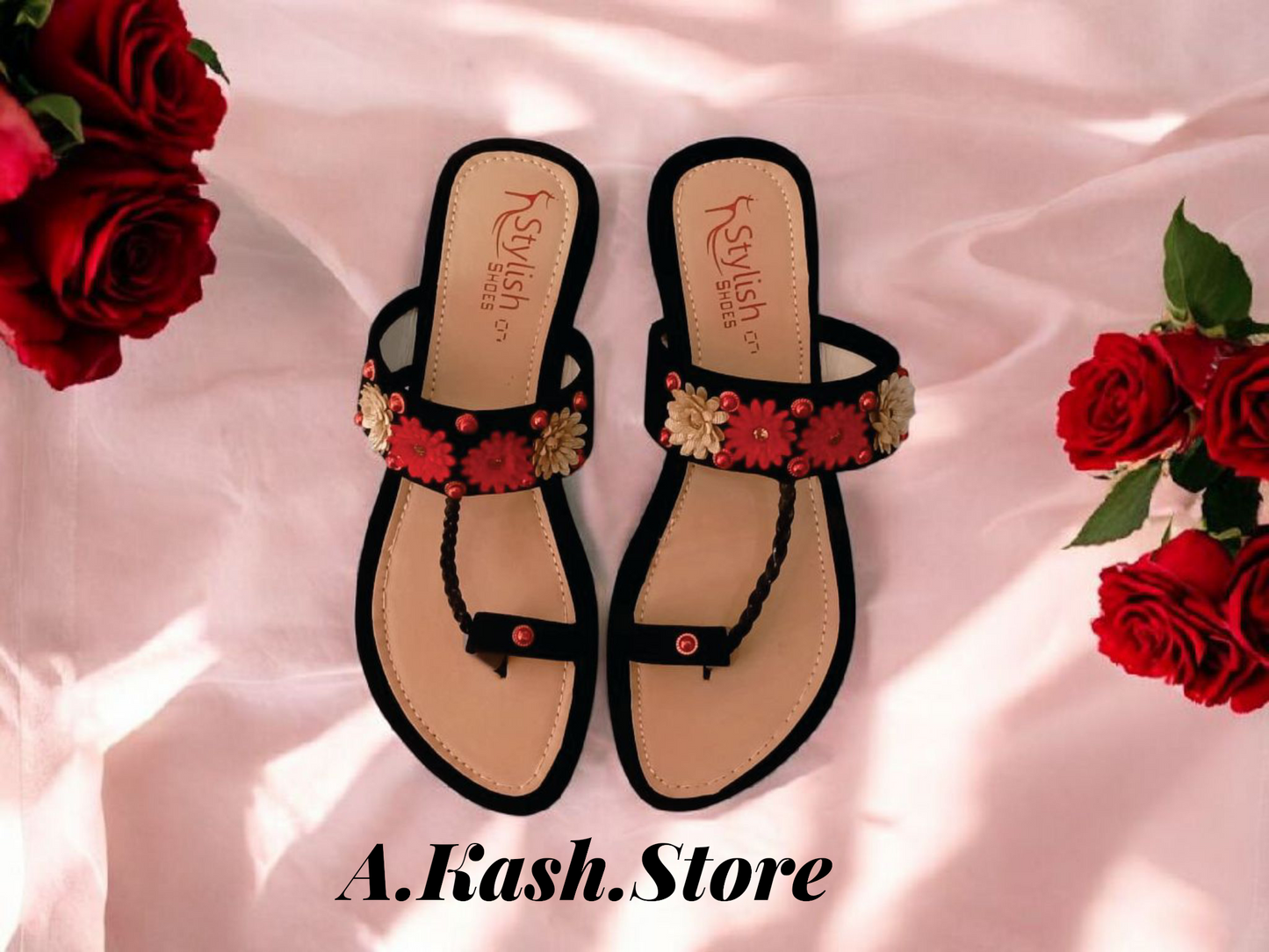 Black Beautiful Flower Chappal