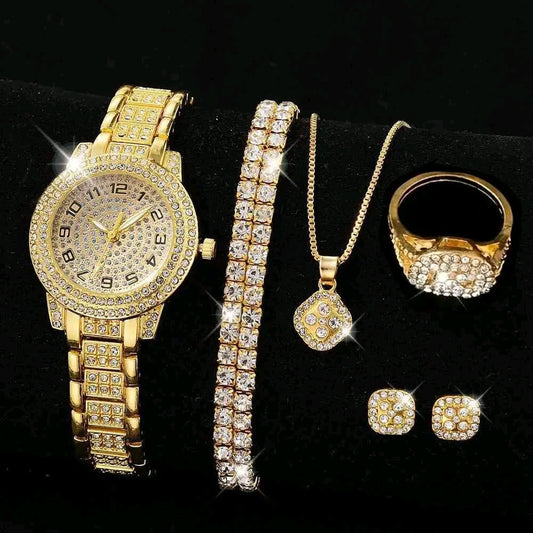 6PCS Luxury Women Golden Watch With Jewelry Set