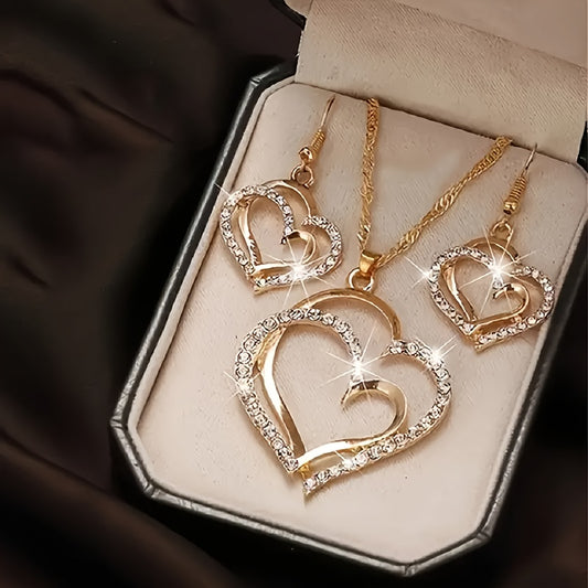 A  Unique Jewelry Set Consisting Of 1 Pair Of Earrings And 1 Necklace Heart Shape With Shiny Rhinestones