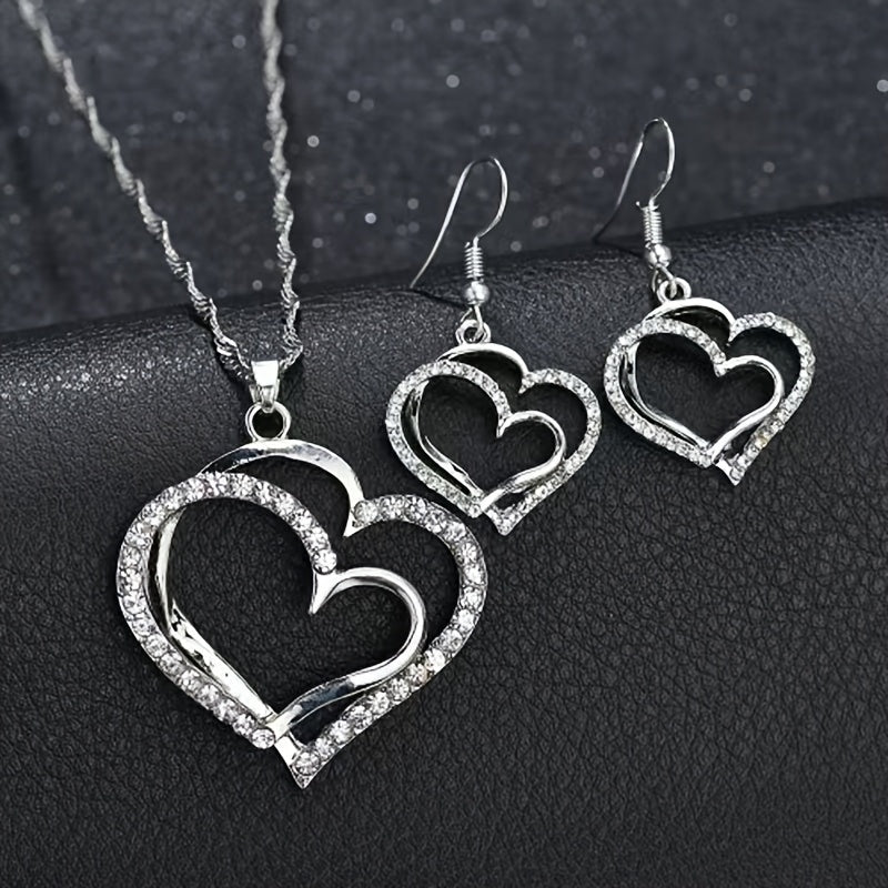 A  Unique Jewelry Set Consisting Of 1 Pair Of Earrings And 1 Necklace Heart Shape With Shiny Rhinestones