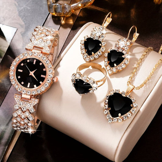 Luxury Rose Gold Watch with Jewelry Set Black