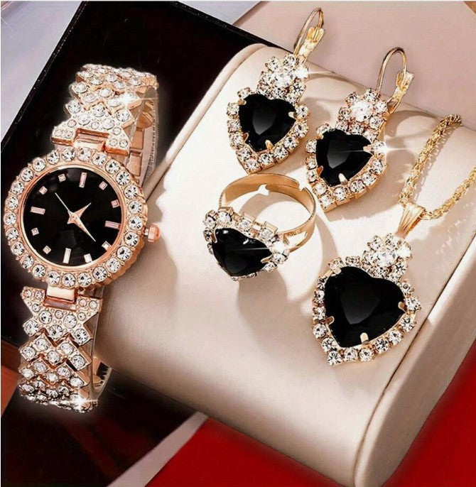 Luxury Rose Gold Watch with Jewelry Set Black