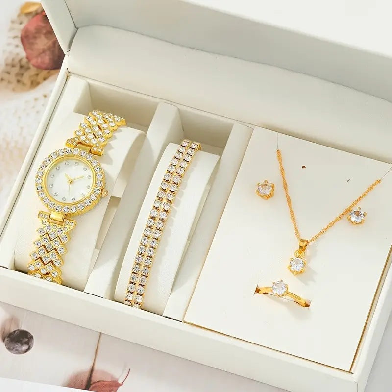 Luxury Golden Diamond Watch with Jewelry Set