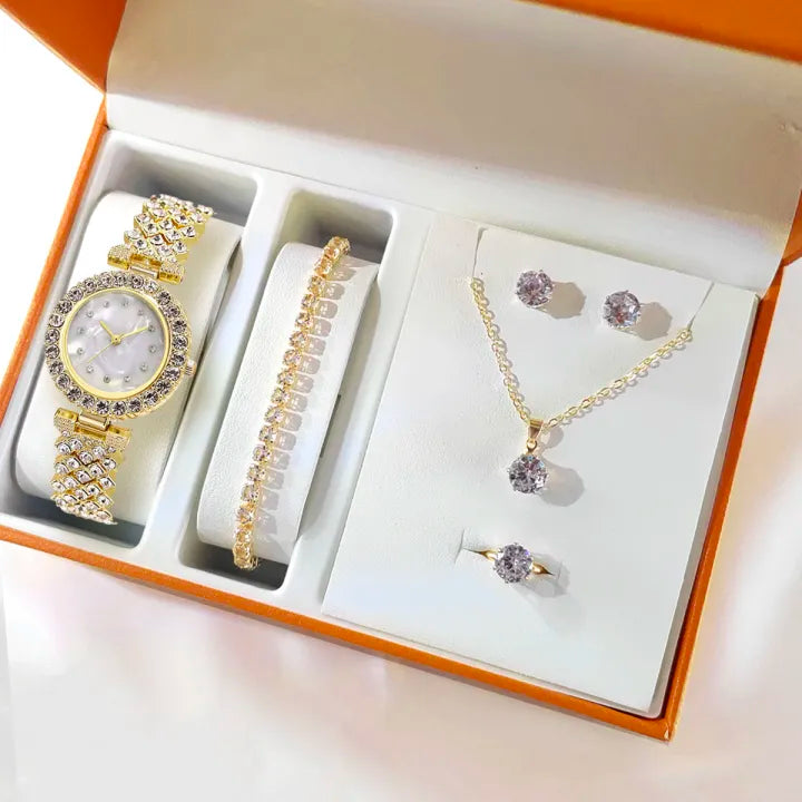 Luxury Golden Diamond Watch with Jewelry Set