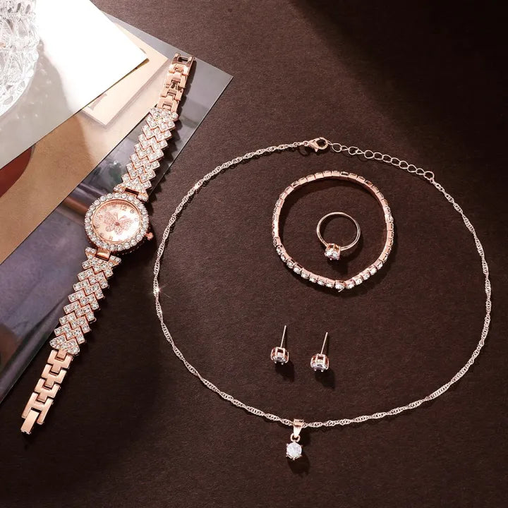 Rose Gold Watch with Luxury Jewelry Set