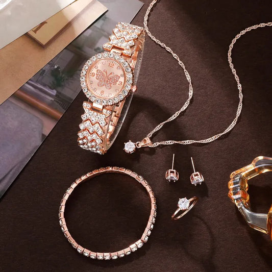 Rose Gold Watch with Luxury Jewelry Set