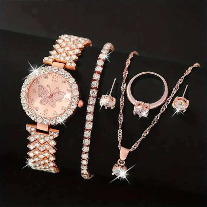 Rose Gold Watch with Luxury Jewelry Set