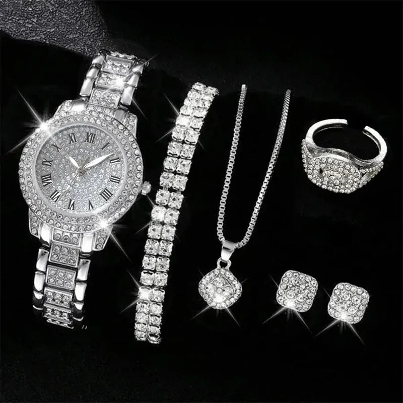 6PCS Women Watch Luxury Elegant Alloy Watch Crystal Wristwatch For Ladies Gift