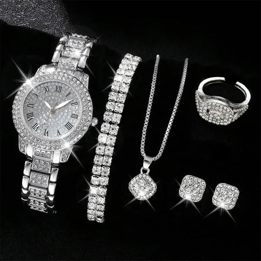 6PCS Women Watch Luxury Elegant Alloy Watch Crystal Wristwatch For Ladies Gift