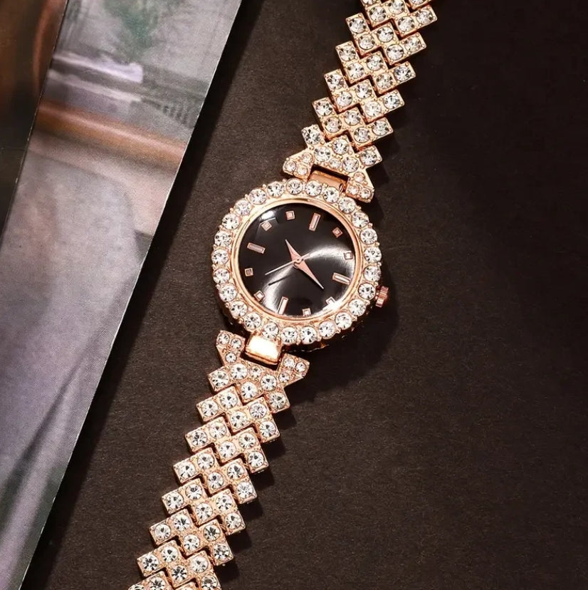 Luxury Rose Gold Watch with Jewelry Set Black