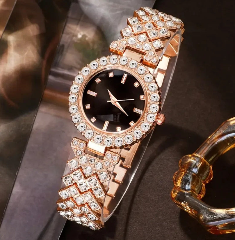 Luxury Rose Gold Watch with Jewelry Set Black