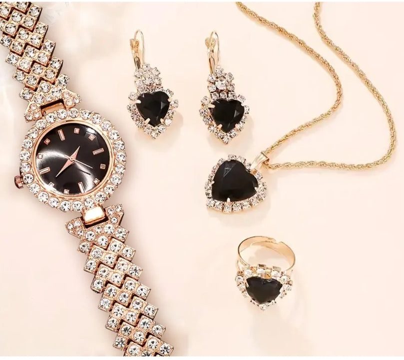 Luxury Rose Gold Watch with Jewelry Set Black