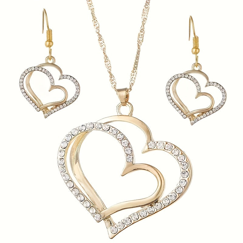 A  Unique Jewelry Set Consisting Of 1 Pair Of Earrings And 1 Necklace Heart Shape With Shiny Rhinestones