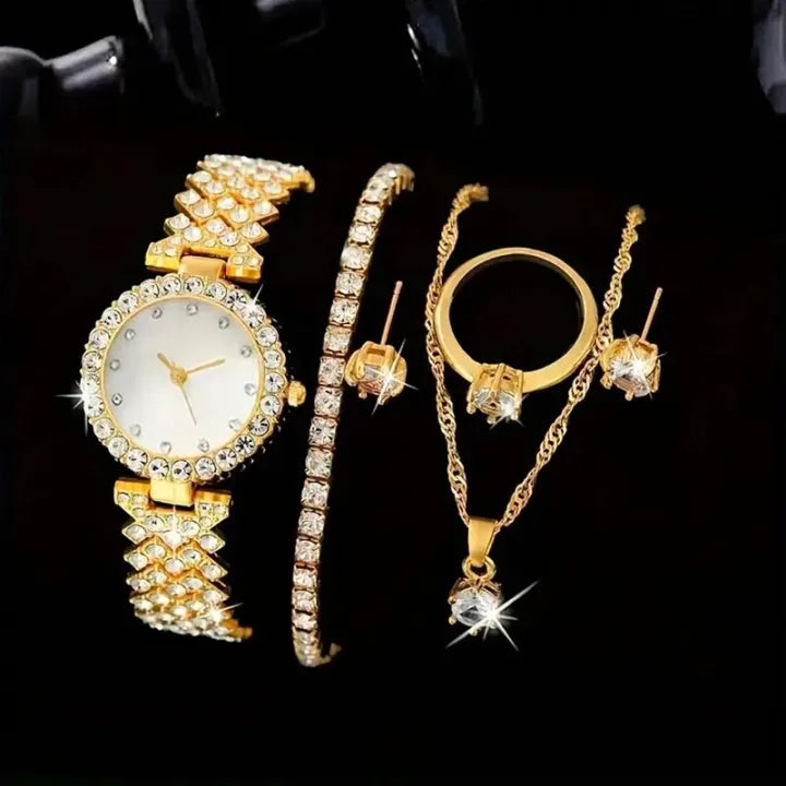 Luxury Golden Diamond Watch with Jewelry Set