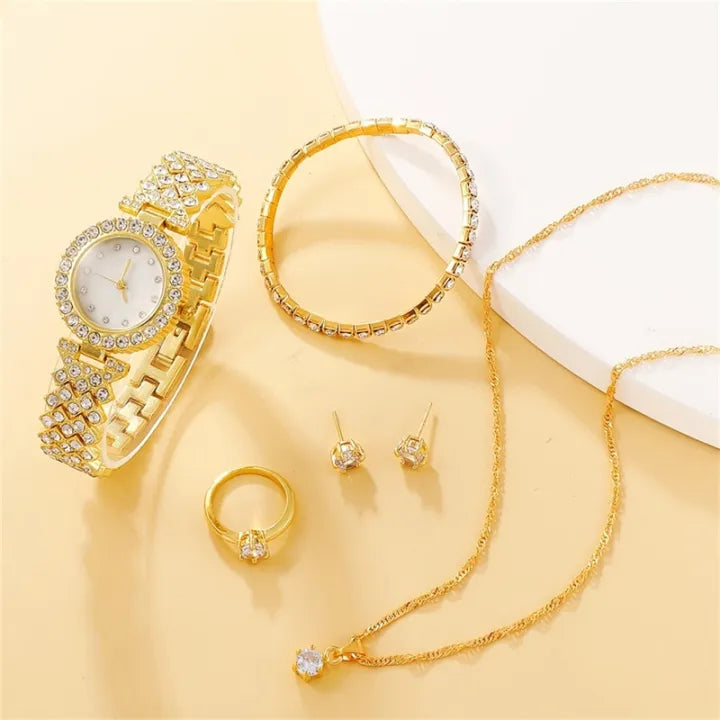 Luxury Golden Diamond Watch with Jewelry Set