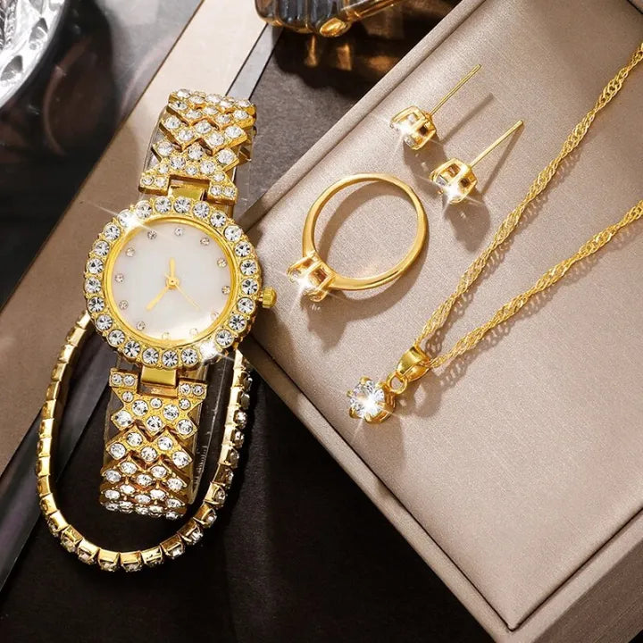 Luxury Golden Diamond Watch with Jewelry Set