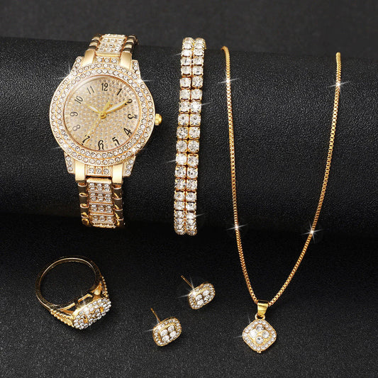 6PCS Luxury Women Golden Watch With Jewelry Set